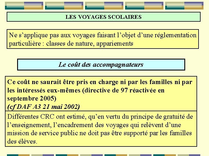 LES VOYAGES SCOLAIRES Ne s’applique pas aux voyages faisant l’objet d’une réglementation particulière :