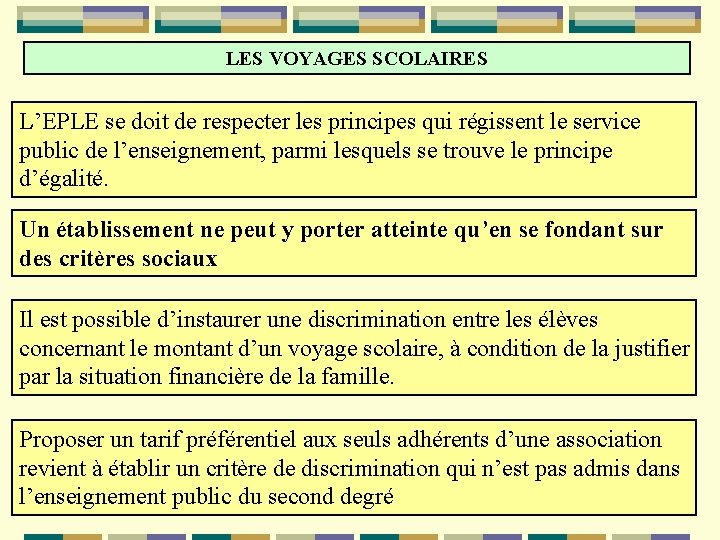LES VOYAGES SCOLAIRES L’EPLE se doit de respecter les principes qui régissent le service