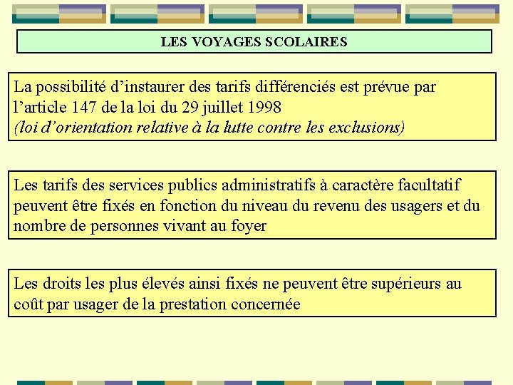 LES VOYAGES SCOLAIRES La possibilité d’instaurer des tarifs différenciés est prévue par l’article 147