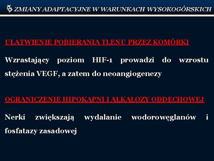  ZMIANY ADAPTACYJNE W WARUNKACH WYSOKOGÓRSKICH UŁATWIENIE POBIERANIA TLENU PRZEZ KOMÓRKI Wzrastający poziom HIF-1