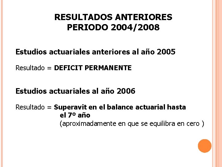 RESULTADOS ANTERIORES PERIODO 2004/2008 Estudios actuariales anteriores al año 2005 Resultado = DEFICIT PERMANENTE