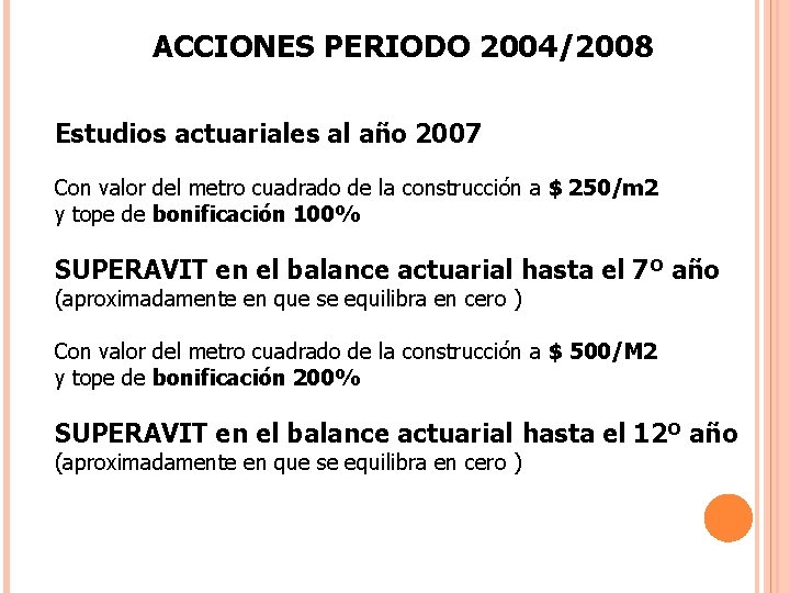 ACCIONES PERIODO 2004/2008 Estudios actuariales al año 2007 Con valor del metro cuadrado de