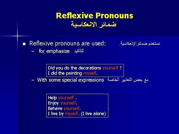Reflexive Pronouns ﺿﻤﺎﺋﺮ ﺍﻻﻧﻌﻜﺎﺳﻴﺔ n Reflexive pronouns are used: . ﻧﺴﺘﺨﺪﻡ ﺿﻤﺎﺋﺮﺍﻹﻧﻌﻜﺎﺳﻴﺔ – for
