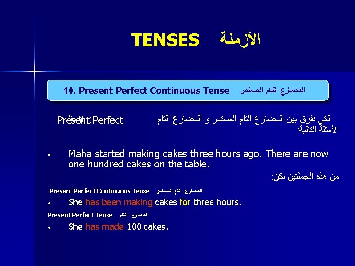 TENSES ﺍﻷﺰﻣﻨﺔ 10. Present Perfect Continuous Tense ﻻﺣﻆ : Perfect Present • ﺍﻟﻤﻀﺎﺭﻉ ﺍﻟﺘﺎﻡ