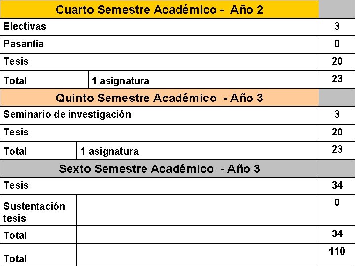 Cuarto Semestre Académico - Año 2 Electivas 3 Pasantia 0 Tesis 20 Total 1