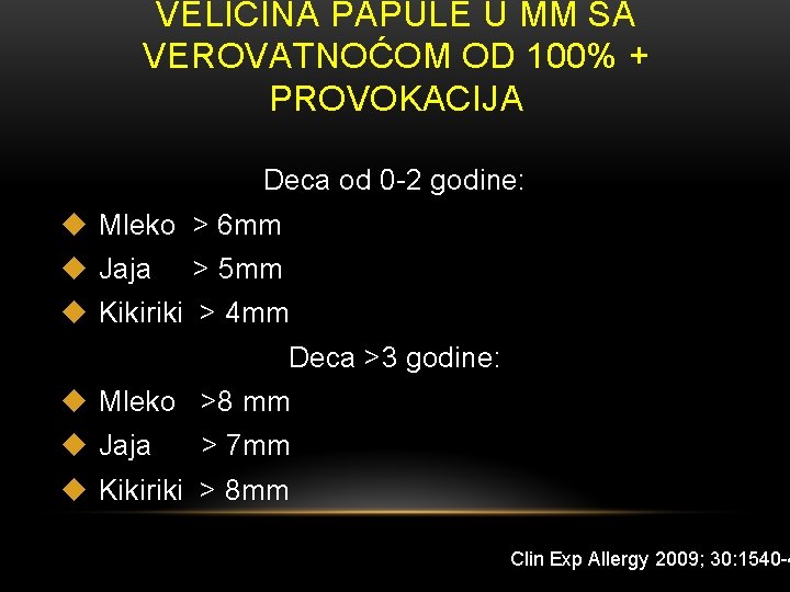 VELIČINA PAPULE U MM SA VEROVATNOĆOM OD 100% + PROVOKACIJA Deca od 0 -2