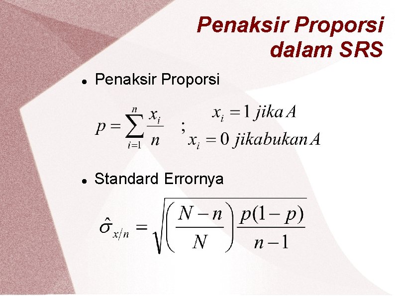 Penaksir Proporsi dalam SRS Penaksir Proporsi Standard Errornya 
