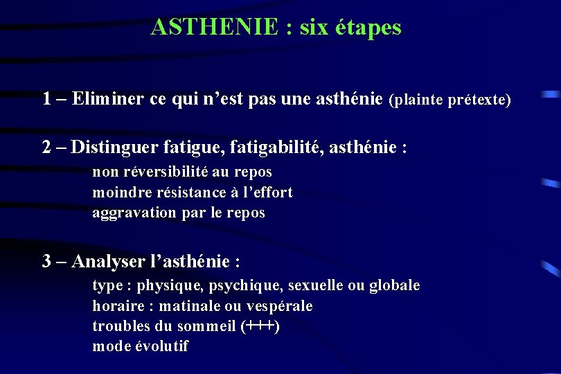 ASTHENIE : six étapes 1 – Eliminer ce qui n’est pas une asthénie (plainte