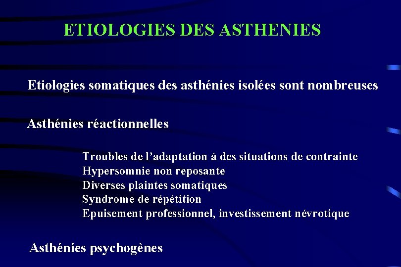 ETIOLOGIES DES ASTHENIES Etiologies somatiques des asthénies isolées sont nombreuses Asthénies réactionnelles Troubles de