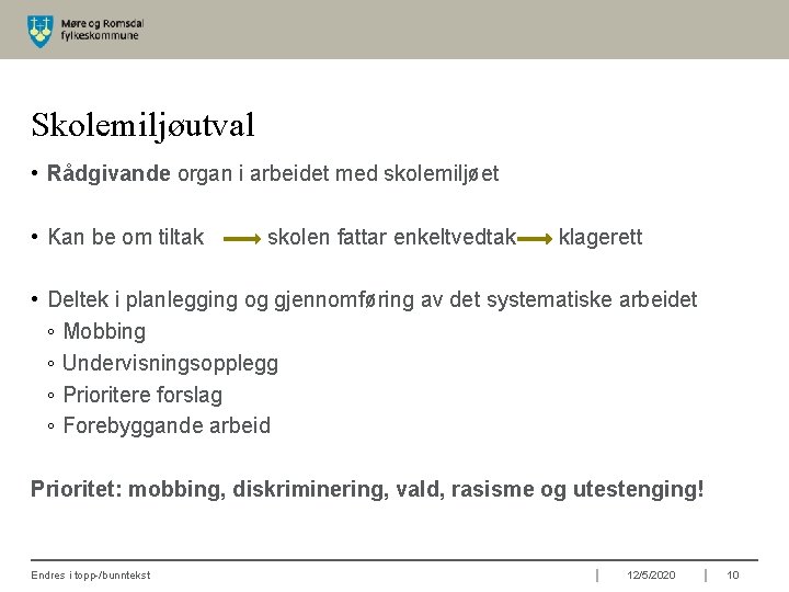 Skolemiljøutval • Rådgivande organ i arbeidet med skolemiljøet • Kan be om tiltak skolen