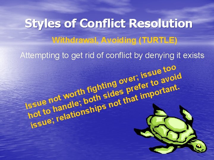 Styles of Conflict Resolution Withdrawal, Avoiding (TURTLE) Attempting to get rid of conflict by