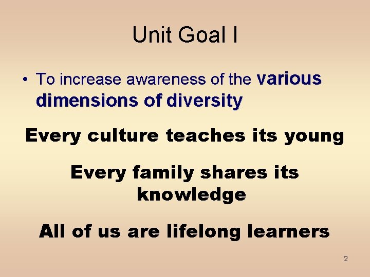 Unit Goal I • To increase awareness of the various dimensions of diversity Every