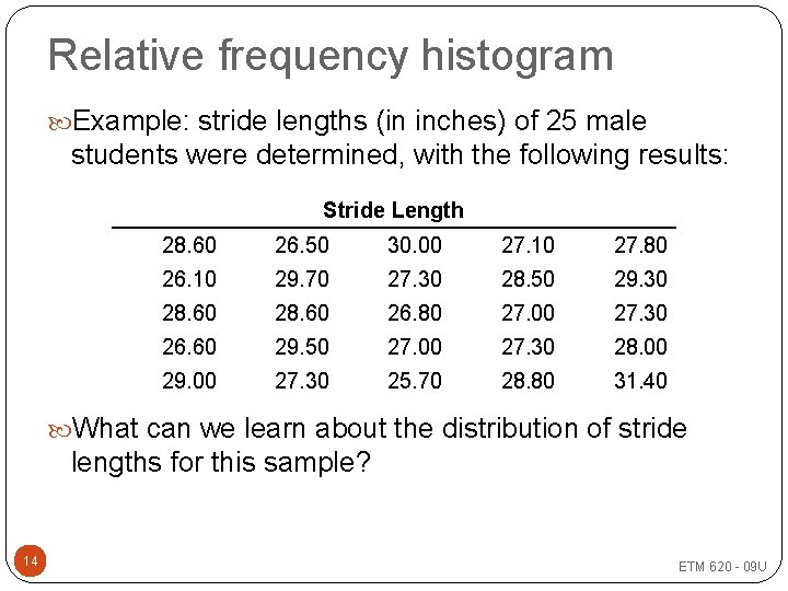 Relative frequency histogram Example: stride lengths (in inches) of 25 male students were determined,