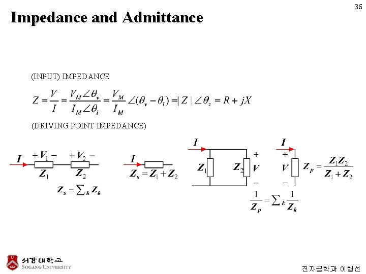 Impedance and Admittance 36 (INPUT) IMPEDANCE (DRIVING POINT IMPEDANCE) 전자공학과 이행선 