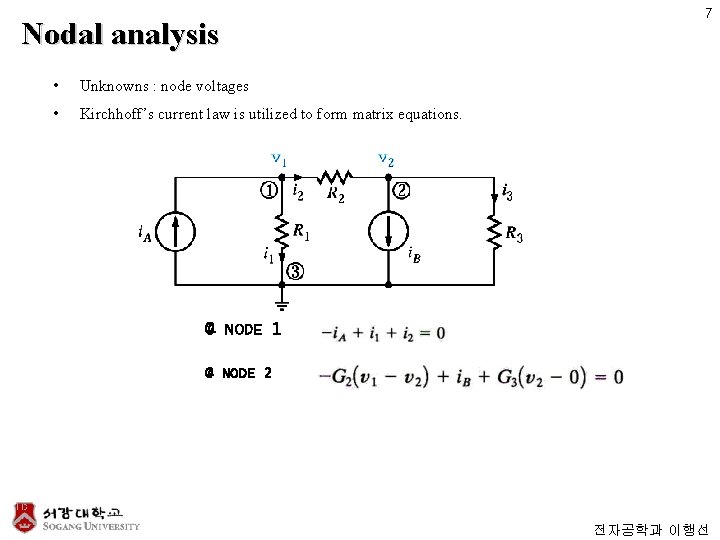 Nodal analysis • Unknowns : node voltages • Kirchhoff’s current law is utilized to