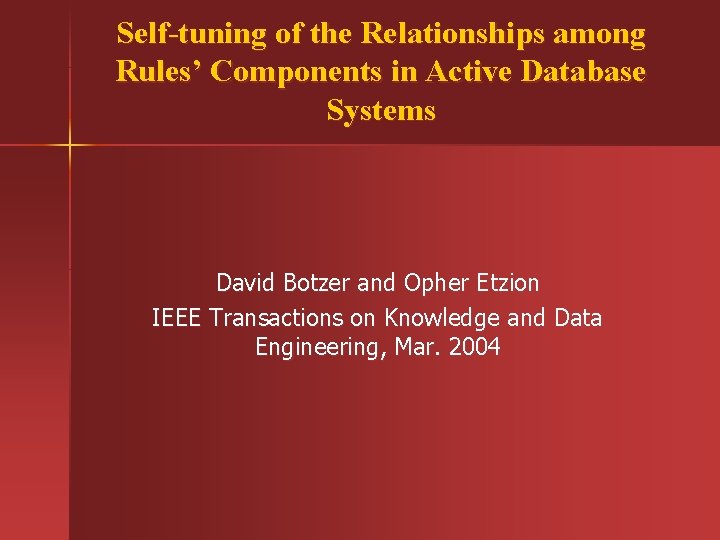 Self-tuning of the Relationships among Rules’ Components in Active Database Systems David Botzer and