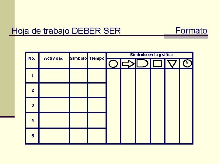 Formato Hoja de trabajo DEBER SER No. Actividad Símbolo Tiempo Símbolo en la gráfica Formato Hoja de trabajo DEBER SER No. Actividad Símbolo Tiempo Símbolo en la gráfica