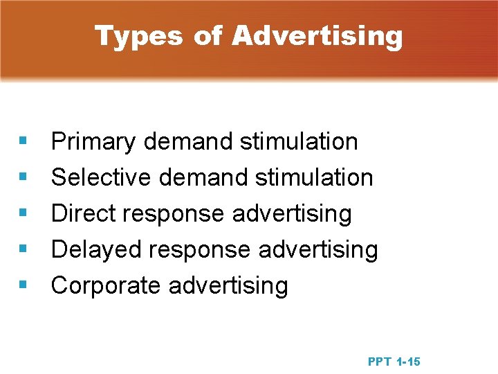 Types of Advertising § § § Primary demand stimulation Selective demand stimulation Direct response Types of Advertising § § § Primary demand stimulation Selective demand stimulation Direct response
