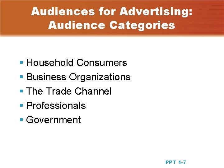 Audiences for Advertising: Audience Categories § Household Consumers § Business Organizations § The Trade Audiences for Advertising: Audience Categories § Household Consumers § Business Organizations § The Trade