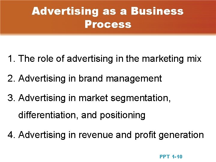 Advertising as a Business Process 1. The role of advertising in the marketing mix Advertising as a Business Process 1. The role of advertising in the marketing mix