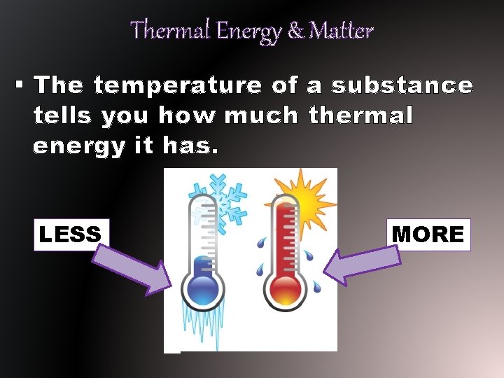 Thermal Energy & Matter § The temperature of a substance tells you how much