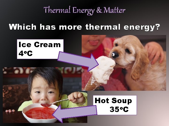 Thermal Energy & Matter Which has more thermal energy? Ice Cream 4 o. C Thermal Energy & Matter Which has more thermal energy? Ice Cream 4 o. C