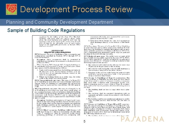 Development Process Review Planning and Community Development Department Sample of Building Code Regulations 5
