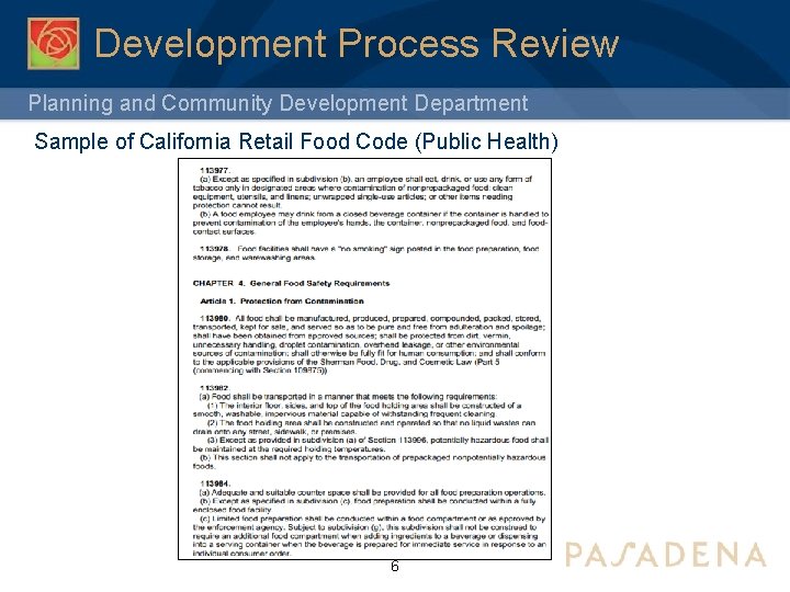 Development Process Review Planning and Community Development Department Sample of California Retail Food Code
