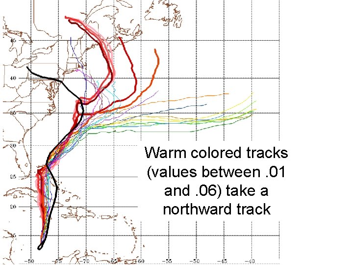 Warm colored tracks (values between. 01 and. 06) take a northward track Warm colored tracks (values between. 01 and. 06) take a northward track