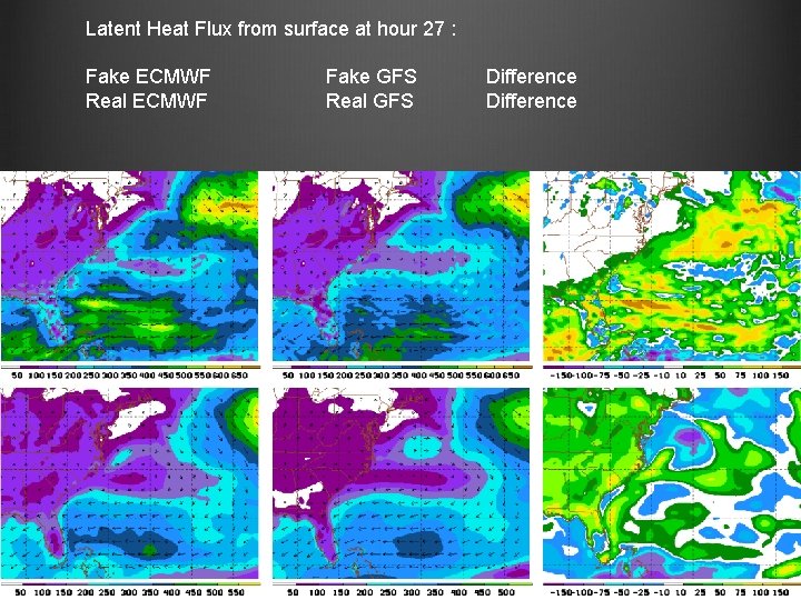 Latent Heat Flux from surface at hour 27 : Fake ECMWF Real ECMWF Fake Latent Heat Flux from surface at hour 27 : Fake ECMWF Real ECMWF Fake