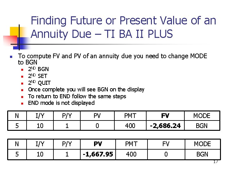 Finding Future or Present Value of an Annuity Due – TI BA II PLUS