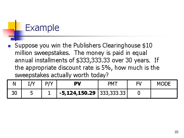 Example n Suppose you win the Publishers Clearinghouse $10 million sweepstakes. The money is