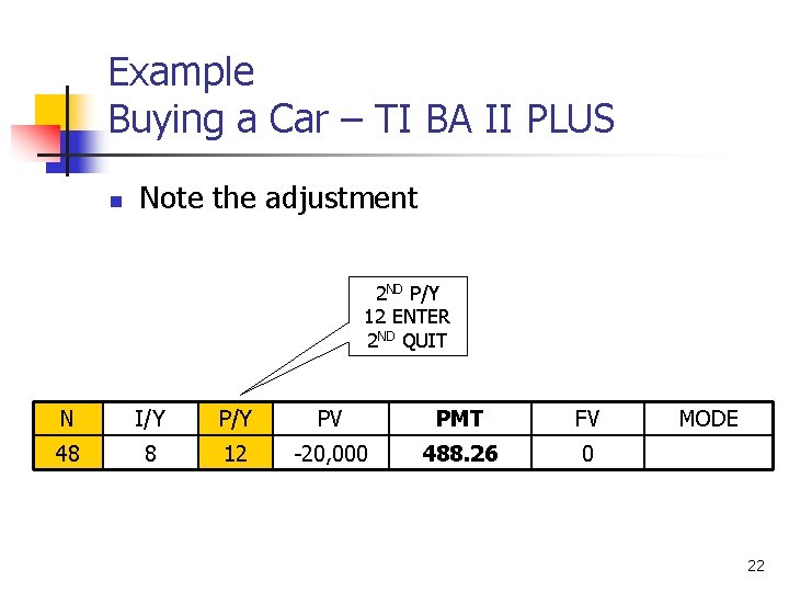 Example Buying a Car – TI BA II PLUS n Note the adjustment 2