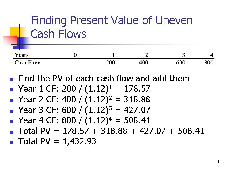 Finding Present Value of Uneven Cash Flows n n n n Find the PV