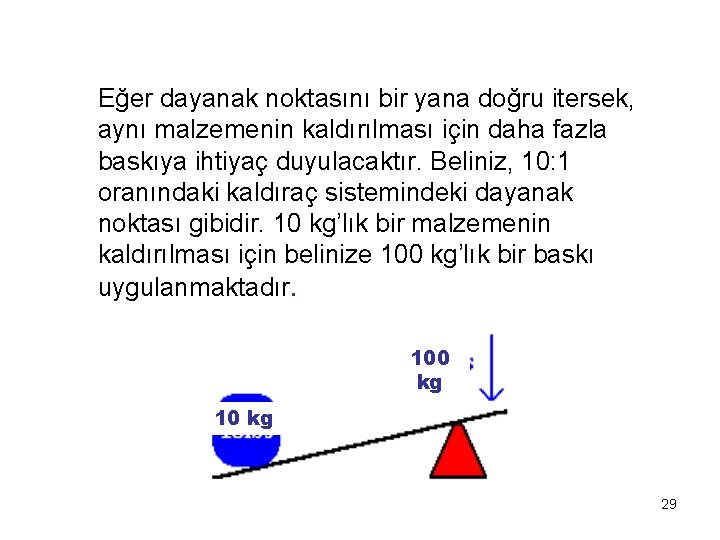 Eğer dayanak noktasını bir yana doğru itersek, aynı malzemenin kaldırılması için daha fazla baskıya