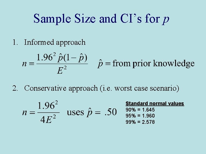 Sample Size and CI’s for p 1. Informed approach 2. Conservative approach (i. e.