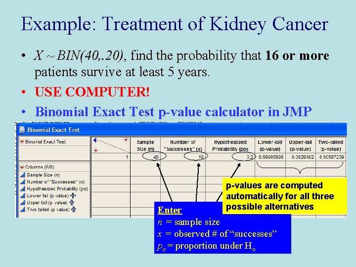 Example: Treatment of Kidney Cancer • X ~ BIN(40, . 20), find the probability