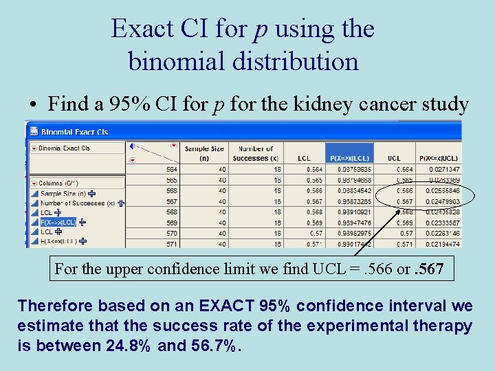 Exact CI for p using the binomial distribution • Find a 95% CI for
