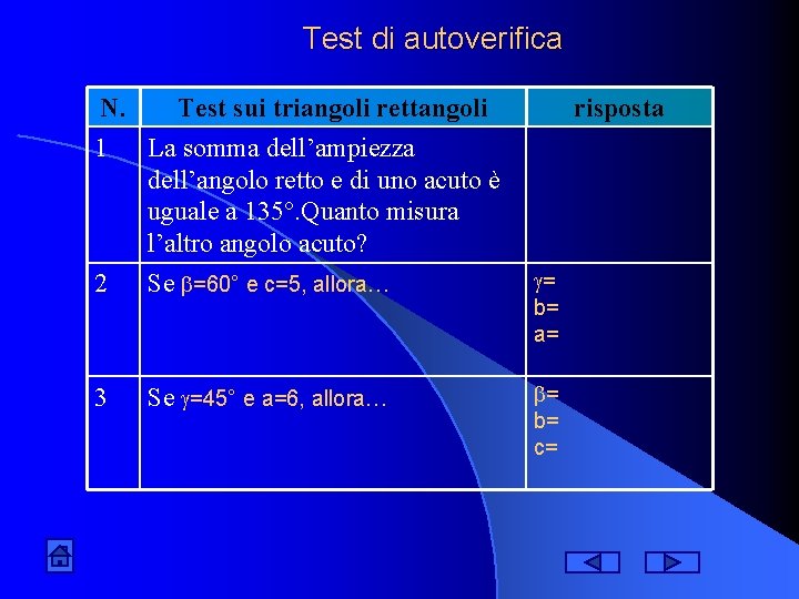 Test di autoverifica N. Test sui triangoli rettangoli risposta 1 La somma dell’ampiezza dell’angolo