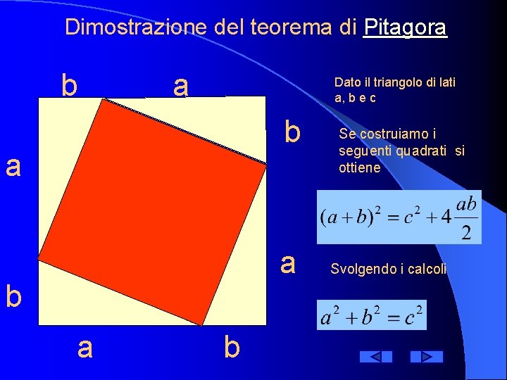 Dimostrazione del teorema di Pitagora b a Dato il triangolo di lati a, b