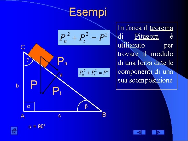 Esempi In fisica il teorema di Pitagora è utilizzato per trovare il modulo di