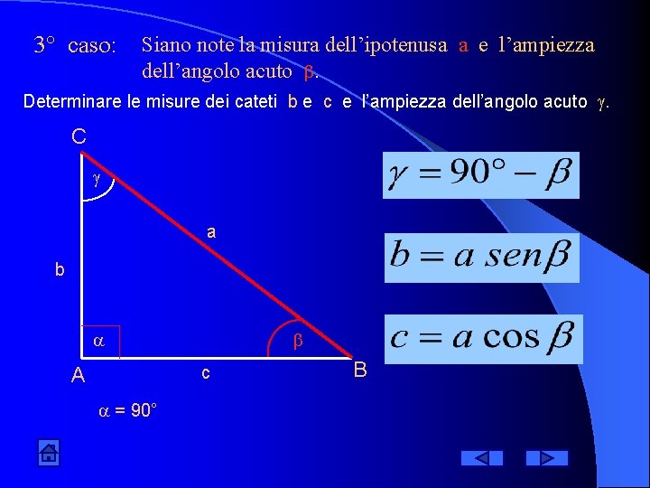 3° caso: Siano note la misura dell’ipotenusa a e l’ampiezza dell’angolo acuto . Determinare