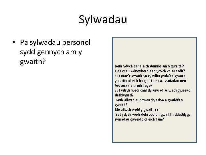 Sylwadau • Pa sylwadau personol sydd gennych am y gwaith? Beth ydych chi’n eich