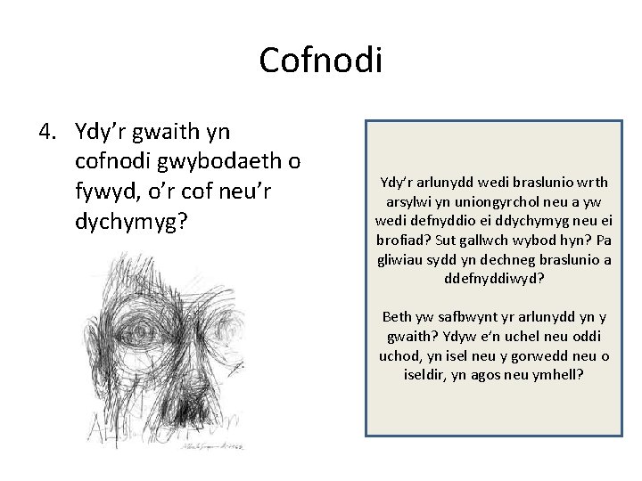 Cofnodi 4. Ydy’r gwaith yn cofnodi gwybodaeth o fywyd, o’r cof neu’r dychymyg? Ydy’r
