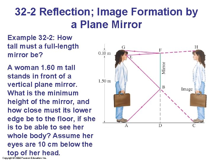 32 -2 Reflection; Image Formation by a Plane Mirror Example 32 -2: How tall