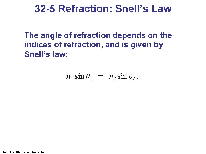 32 -5 Refraction: Snell’s Law The angle of refraction depends on the indices of