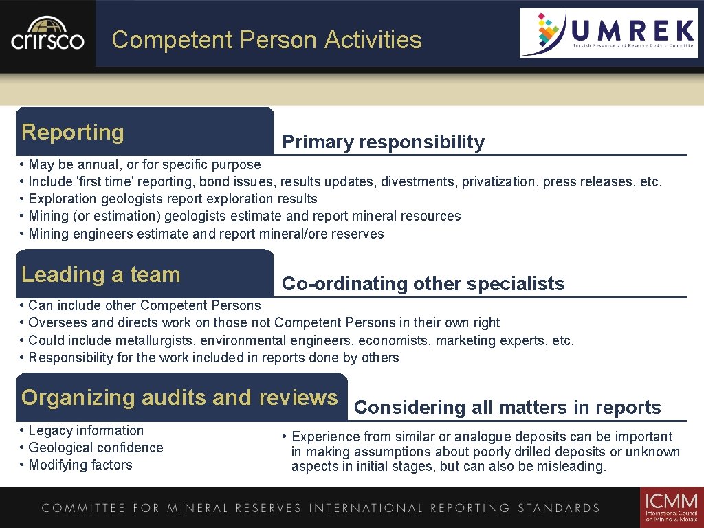 Competent Person Activities Reporting • • • May be annual, or for specific purpose