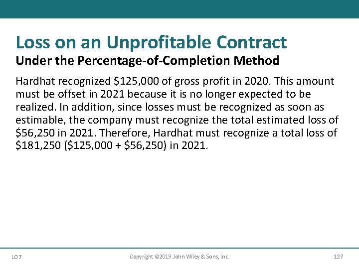 Loss on an Unprofitable Contract Under the Percentage-of-Completion Method Hardhat recognized $125, 000 of