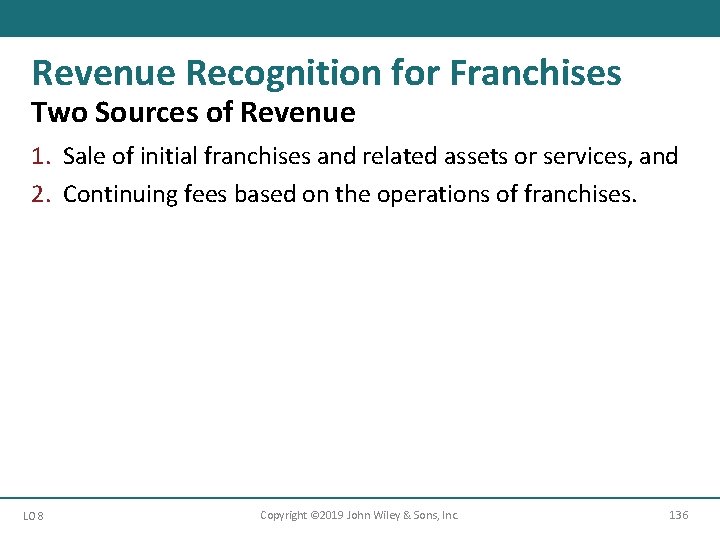 Revenue Recognition for Franchises Two Sources of Revenue 1. Sale of initial franchises and