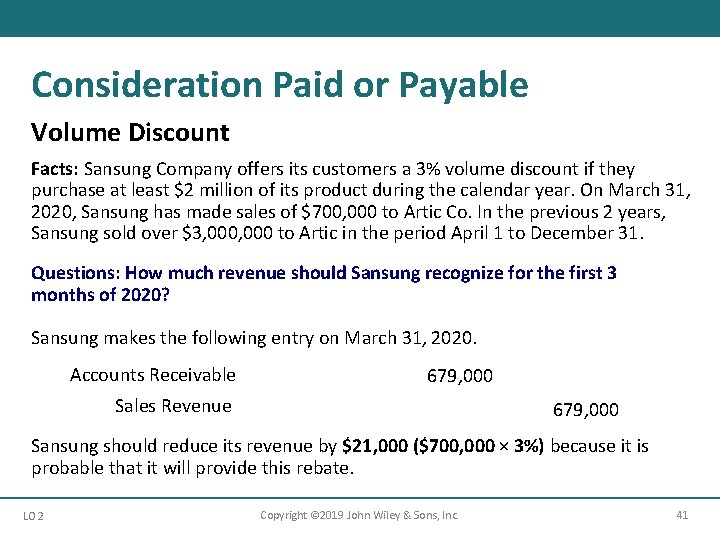 Consideration Paid or Payable Volume Discount Facts: Sansung Company offers its customers a 3%